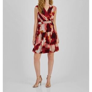 Taylor Serena Red Abstract Belted Chiffon Wrap Surplice Dress Artsy Sz 2 B17